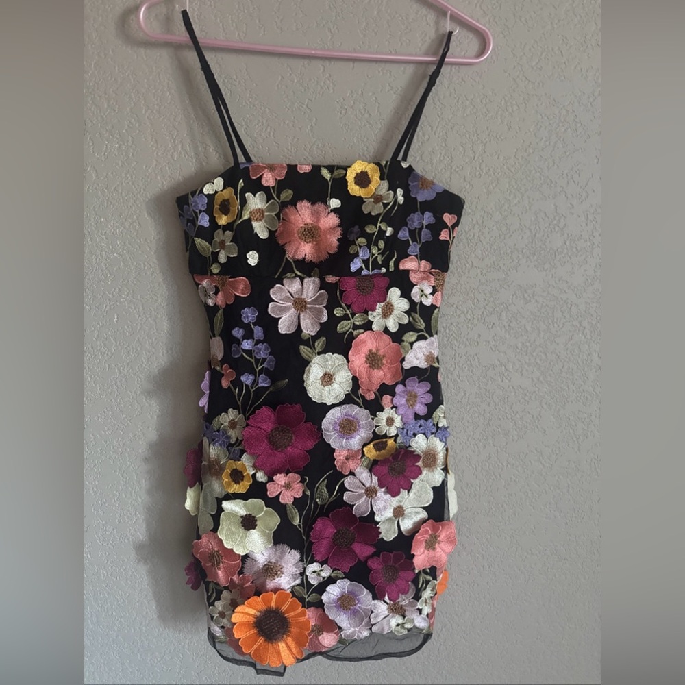 Storia Blooming Floral Mini Black Dress Size S Strappy